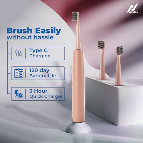 Nexlev Electric Toothbrush| 40000 vibrations/min|USB Type C| 5 Modes| 2 Min timer| 30 sec Quad Interval| 4 Replaceable Brushheads With Cover| IPX7 Waterproof| For Adults|Sparkle Pro ETC-05 Sunset Pink - Image 4