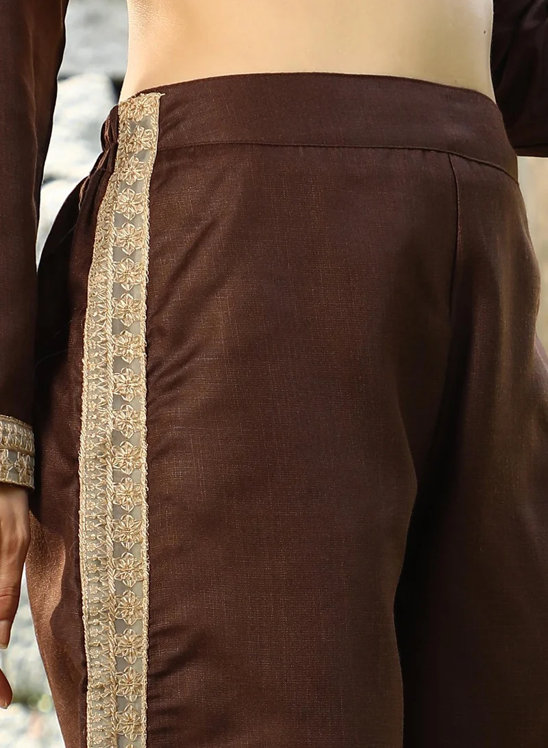 QISSA brown Qissa Women's Chocolate Brown Schiffli-Block Kurta Set For Casual Wear | Round Neck | Long Regular Sleeves | 2 Piece Kurta Set Designed With Comfort Fit For Everyday Ethnic Wear for Women | Best Price UAE