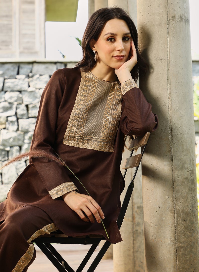 Qissa Women's Chocolate Brown Schiffli-Block Kurta Set For Casual Wear | Round Neck | Long Regular Sleeves | 2 Piece Kurta Set Designed With Comfort Fit For Everyday Ethnic Wear - Image 1