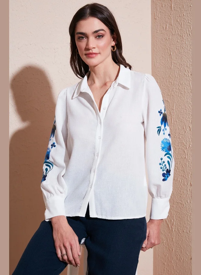 ليلا قميص نسائي قطني بأكمام بالون مطرز بالزهور