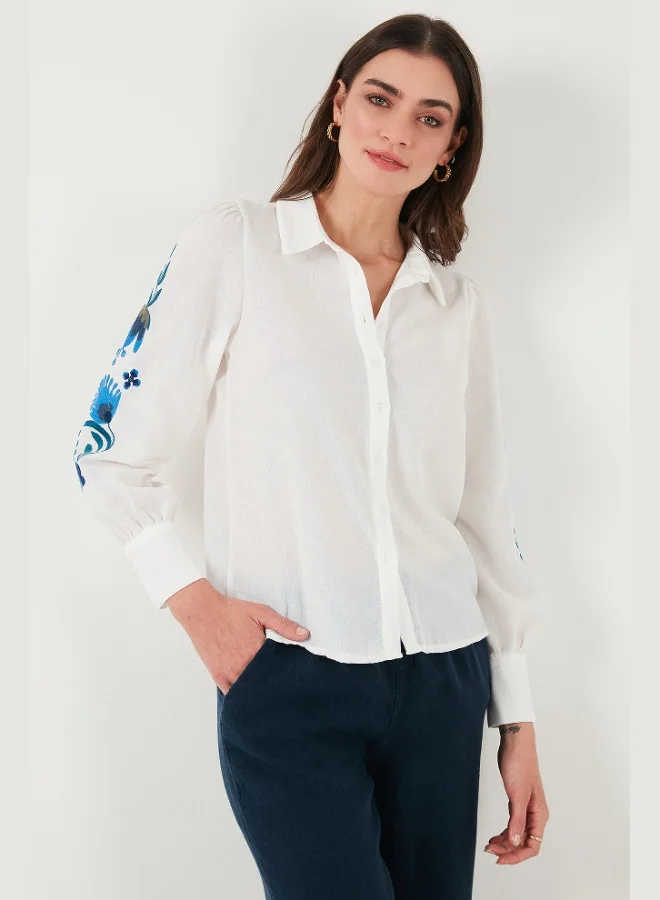 ليلا قميص نسائي قطني بأكمام بالون مطرز بالزهور
