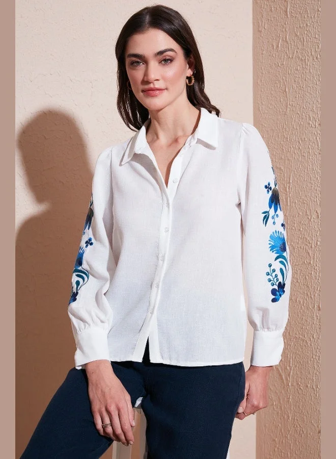 ليلا قميص نسائي قطني بأكمام بالون مطرز بالزهور