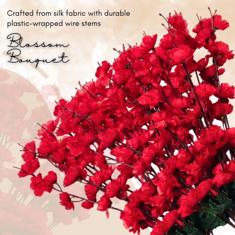 Sheux Red Artificial Flower Cherry Blossom Realistic Silk Flowers for Home Decor, Wedding, and Office Arrangements, Artificial Plant for Gifting or Decor Purpose (2 Piece) - Image 3