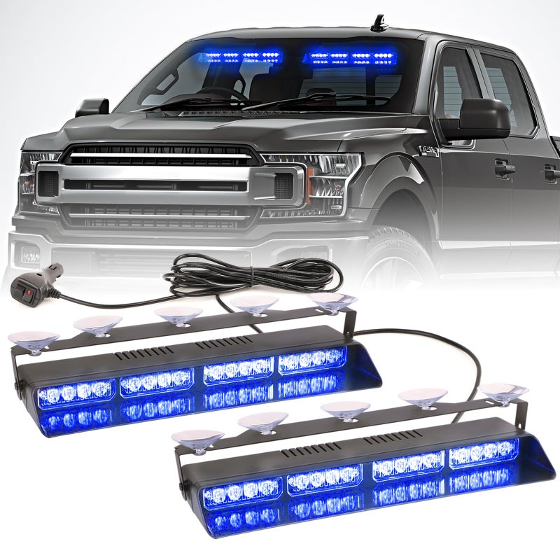 PKINGLAKE 2 in 1 LED Emergency Dash Strobe Light Bar Front/Rear Windshield Safety Flashing Warning Hazard Interior Lights for Police Firefighter Construction Vehicles Trucks (2x14 inch, Blue/Blue) - Image 1
