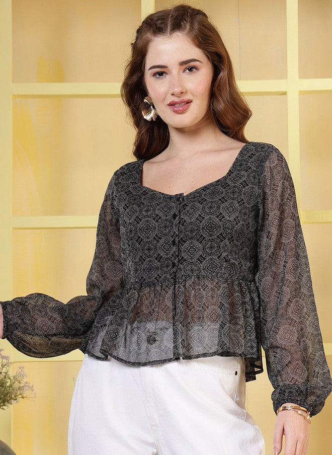 Rue Collection بلوزة بيلبوم سوداء بنقوش عرقية للنساء - Image 1