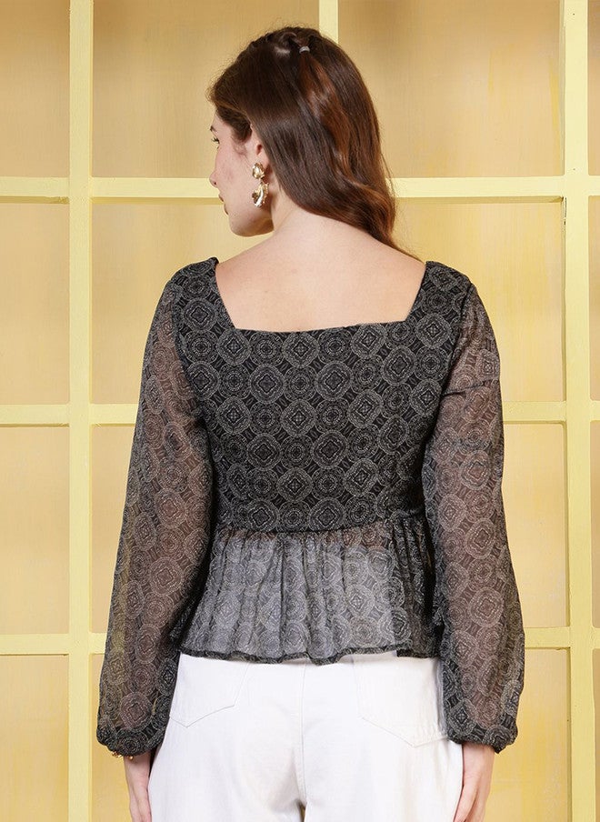 Rue Collection بلوزة بيلبوم سوداء بنقوش عرقية للنساء - Image 5