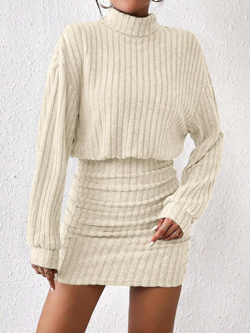 AUXDIO Women's Mock Neck Sweater Dress Fall Long Lantern Sleeve Bodycon 2026 Pullover Mini Short Dresses Apricot M - Image 2