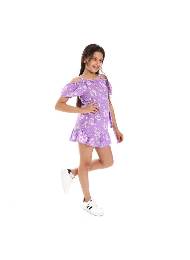 Andora - Slip On Cold Shoulder Dress- White & Lavendar - Image 1