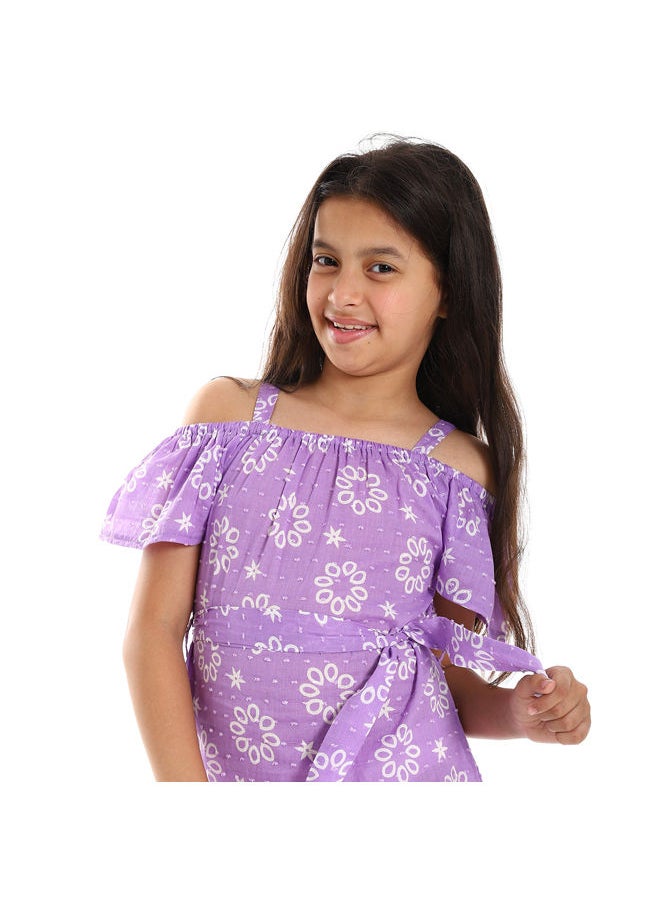 Andora - Slip On Cold Shoulder Dress- White & Lavendar - Image 1