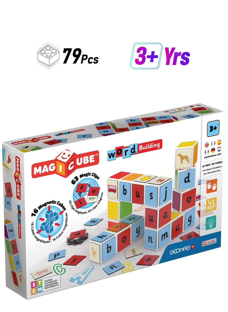 GEOMAG Geomag Magicube Word Building + Clips, Magnetic STEM Toys For Kids, Early Educational Magnetic Building Toys, 79 PCS, Made in Switzerland, 100% Recycled Plastic, Open Ended Toys, Construction Toys  - Image 1