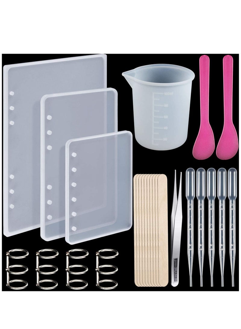 KASTWAVE 26pcs Resin Notebook Mold Kits,Notebook Cover Silicone Molds for A5 A6 A7,Silicone Resin Molds for Notebook Epoxy Resin DIY,with Book Rings,Spoon,tweezer,Cup,Dropper,Wood Stick - Image 1