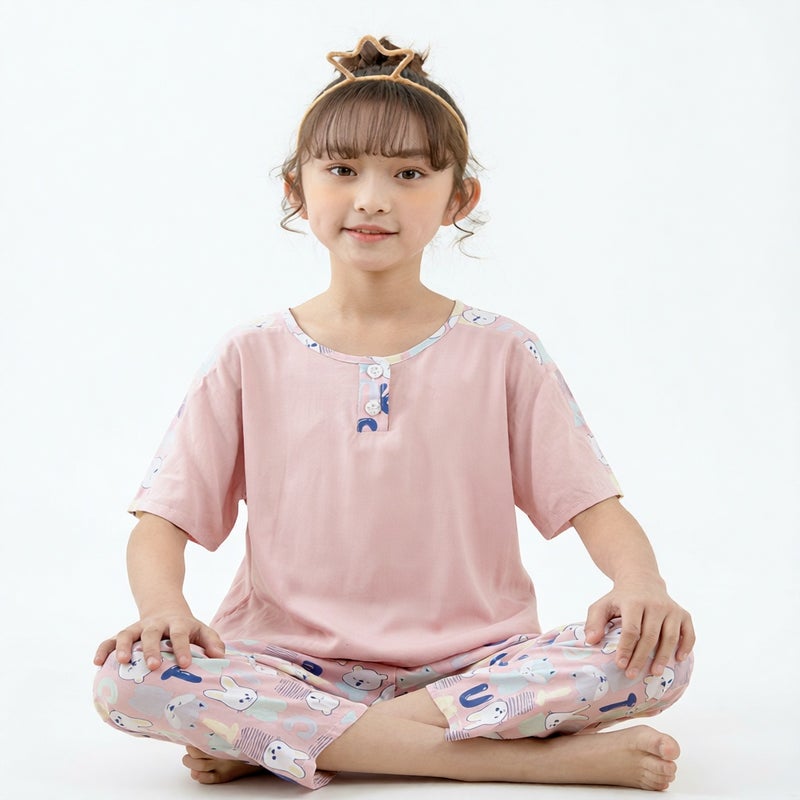 Kids Cotton Sleepwear Set Short Sleeve Long Pants Pajamas Homewear - Image 2
