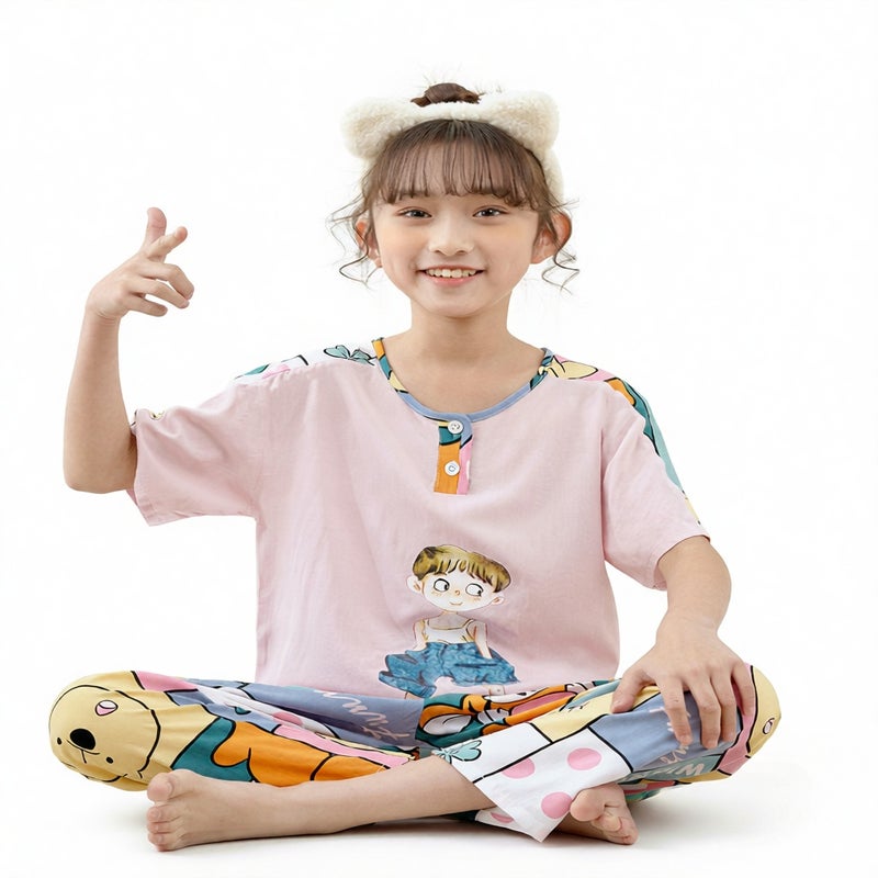 Kids Cotton Sleepwear Set Short Sleeve Long Pants Pajamas Homewear - Image 5