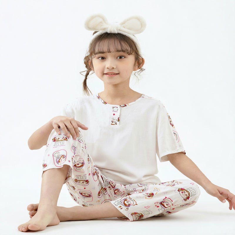 Kids Cotton Sleepwear Set Short Sleeve Long Pants Pajamas Homewear - Image 4