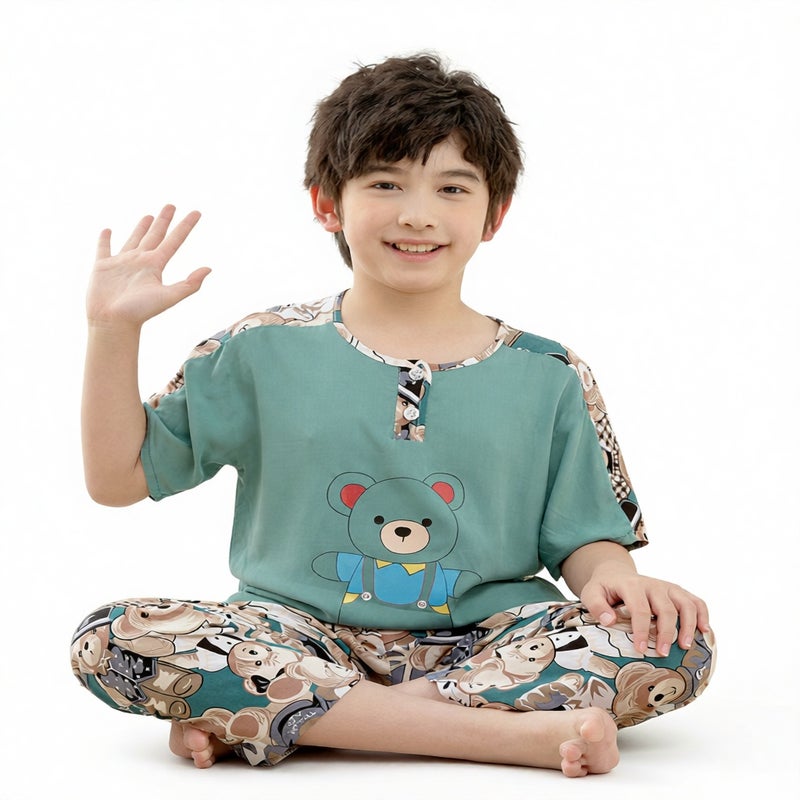 Kids Cotton Sleepwear Set Short Sleeve Long Pants Pajamas Homewear - Image 3