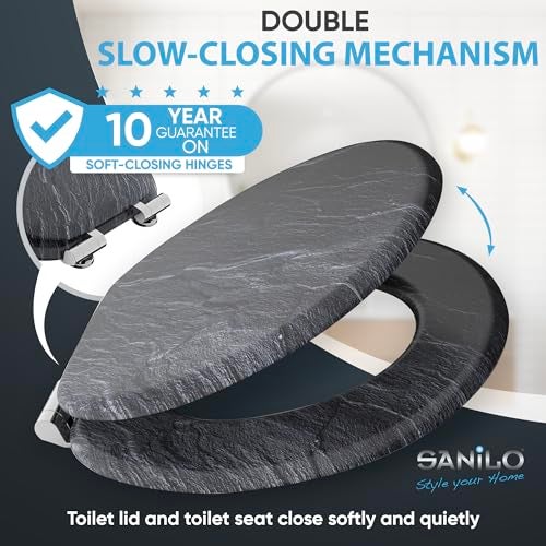 SANILO Wooden Toilet Seat with Soft Close [ROUND] - Decorative, Quiet & Slow Close Molded Wood Seat - With Strong Bumpers & Hinges - Adjustable Fit – Granite - Image 3