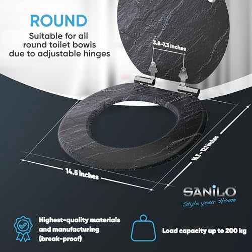 SANILO Wooden Toilet Seat with Soft Close [ROUND] - Decorative, Quiet & Slow Close Molded Wood Seat - With Strong Bumpers & Hinges - Adjustable Fit – Granite - Image 4