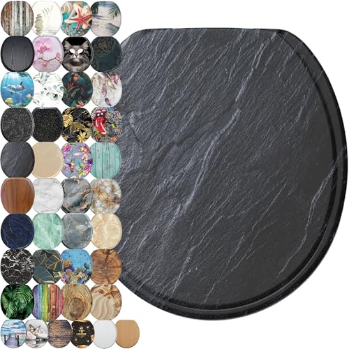 SANILO Wooden Toilet Seat with Soft Close [ROUND] - Decorative, Quiet & Slow Close Molded Wood Seat - With Strong Bumpers & Hinges - Adjustable Fit – Granite - Image 2