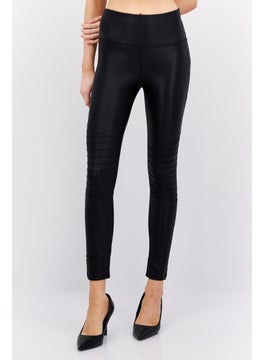 Women Petite Plain Faux Leather Leggings, Black