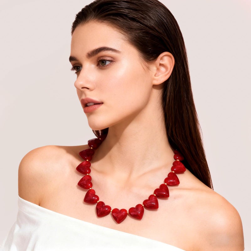 YUJIE Red Heart Choker Necklace for Women, Stylish Acrylic Statement Necklace, Cute Love Heart Pendant Necklace for Christmas - Image 4