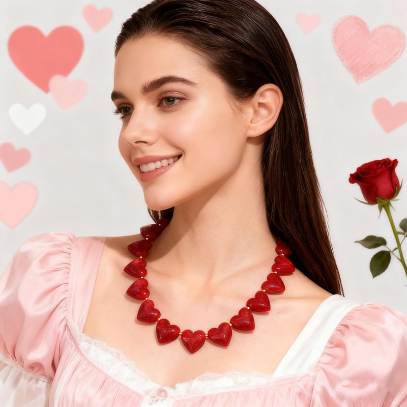 YUJIE Red Heart Choker Necklace for Women, Stylish Acrylic Statement Necklace, Cute Love Heart Pendant Necklace for Christmas - Image 3