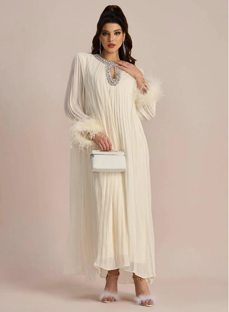 Sunfere Yvonne Diamante Feathered Pleated Maxi Chiffon Dress