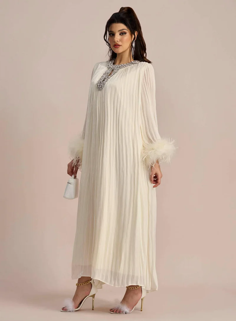 Sunfere Yvonne Diamante Feathered Pleated Maxi Chiffon Dress