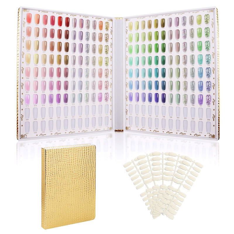 Segbeauty 216 Colors Nail Display Chart, Nail Gel Polish Organizer Color Card with 240 False Tips, Salon Fingernail Beauty Sample Supplies Tool Set Stick Cardboard Finger Painting Practice Book Golden - Image 1