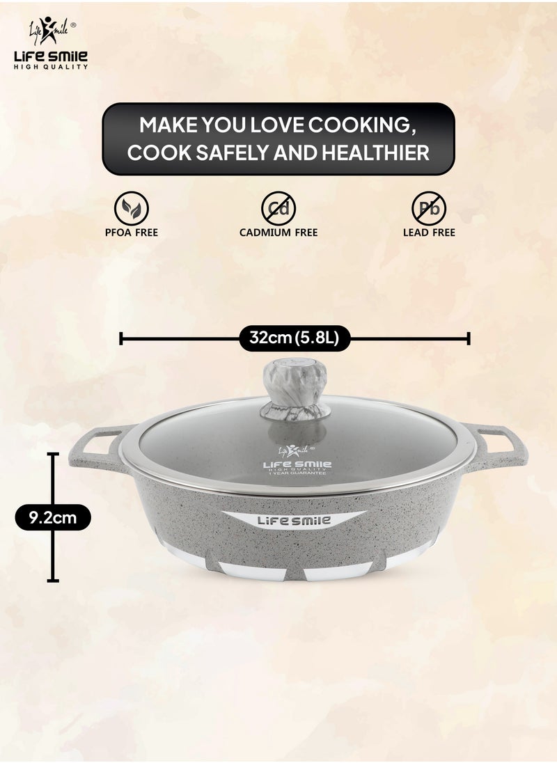 LIFE SMILE Shallow Pot with Lid | Multi Layer Non Stick Granite Coating 100% PFOA FREE | Oven Safe Frying Pan | Easy To Clean | Scratch Resistant (32 CM (5.8 Liters), Red)