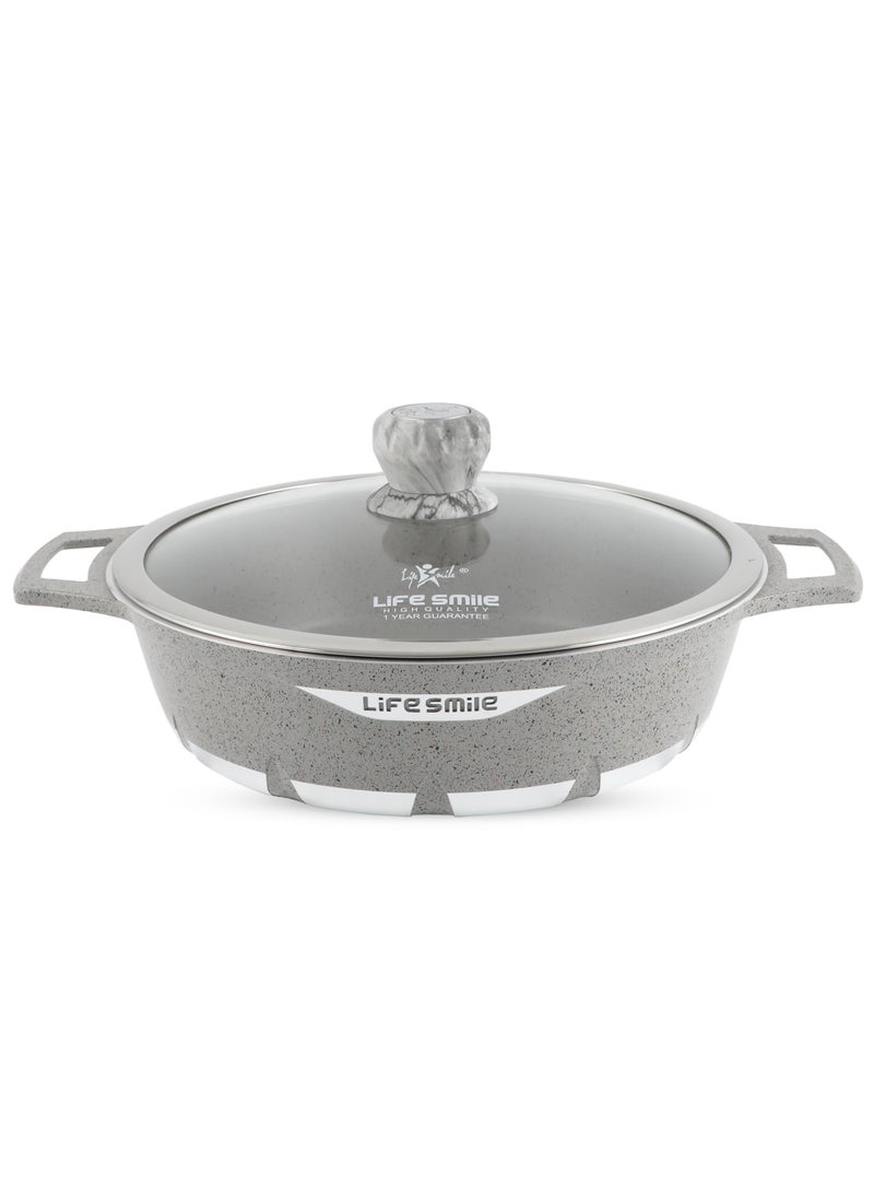 LIFE SMILE Shallow Pot with Lid | Multi Layer Non Stick Granite Coating 100% PFOA FREE | Oven Safe Frying Pan | Easy To Clean | Scratch Resistant (32 CM (5.8 Liters), Red)