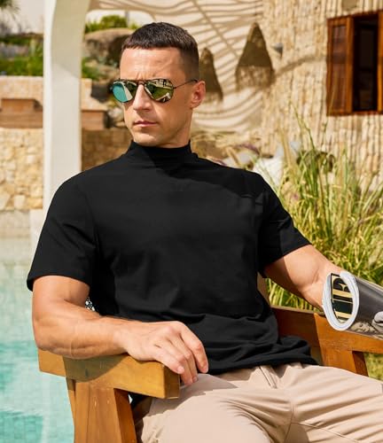 Lexiart Men's Mock Turtleneck Short Sleeve Soft Lightweight Casual Basic T-Shirts Solid Pullover Tops Black - Image 5