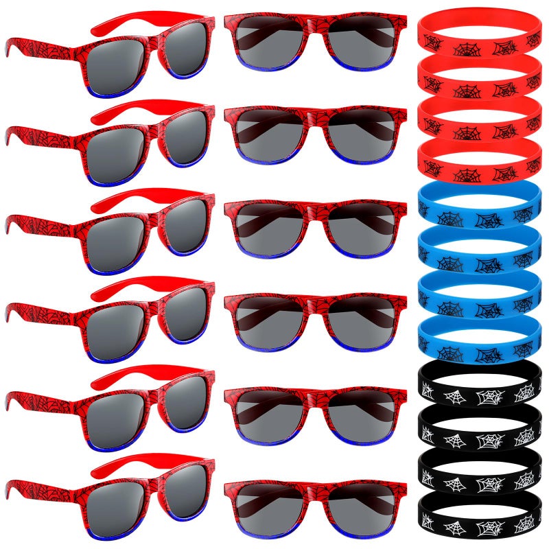 Kingdder 24 Pcs Spider Web Sunglasses and Silicone Wristbands Bracelets Spider Birthday Theme Party Favors Black Red Blue Party Decorations Supplies Gifts(Classic) - Image 1