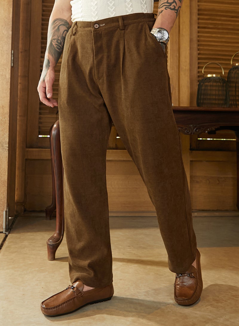 Campus Sutra Men's Russet Brown Corduroy Pleated Trousers  - Image 1