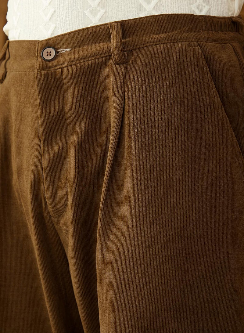 Campus Sutra Men's Russet Brown Corduroy Pleated Trousers  - Image 4
