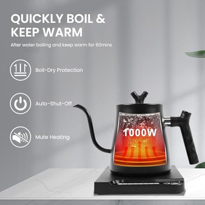 HASTHIP Electric Temperature Control Gooseneck Kettle 1L Coffee Tea Brewing Stainless Steel Inner Lid And Bottom 7 Temperature Button 1000W Rapid Heating For Pour Over Coffee Brew Tea - Image 3