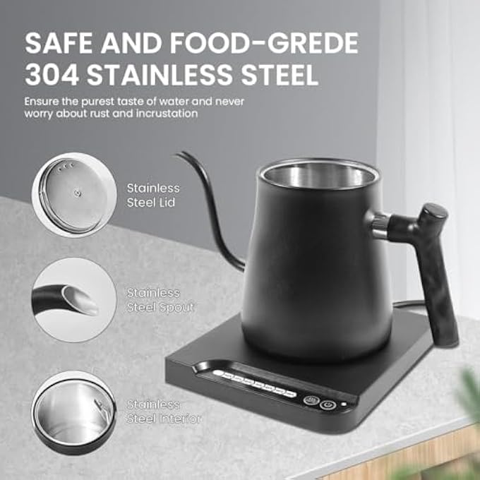 HASTHIP Electric Temperature Control Gooseneck Kettle 1L Coffee Tea Brewing Stainless Steel Inner Lid And Bottom 7 Temperature Button 1000W Rapid Heating For Pour Over Coffee Brew Tea - Image 4