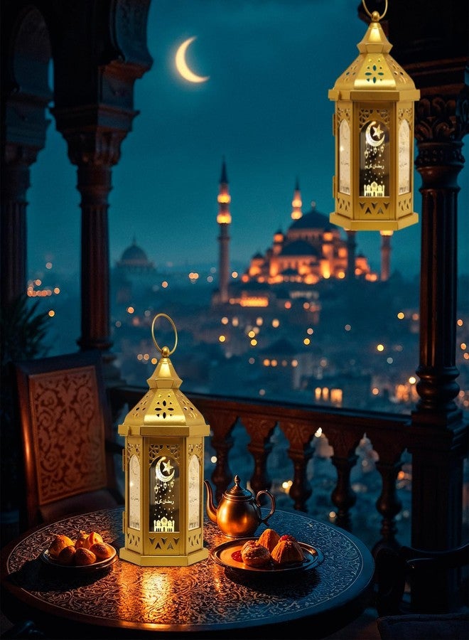 DECORKEY Ramadan Decorations for Home, 2 PCS 11''H Medium Hexagon Decorative Candle Lantern for Tabletop Mantel Decor, Vintage Metal Lantern Candle Holders for Indoor Outdoor Decor, EID Mubarak Gift - Image 4