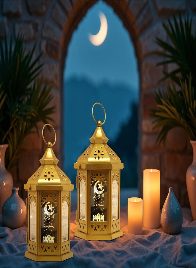 DECORKEY Ramadan Decorations for Home, 2 PCS 11''H Medium Hexagon Decorative Candle Lantern for Tabletop Mantel Decor, Vintage Metal Lantern Candle Holders for Indoor Outdoor Decor, EID Mubarak Gift - Image 2