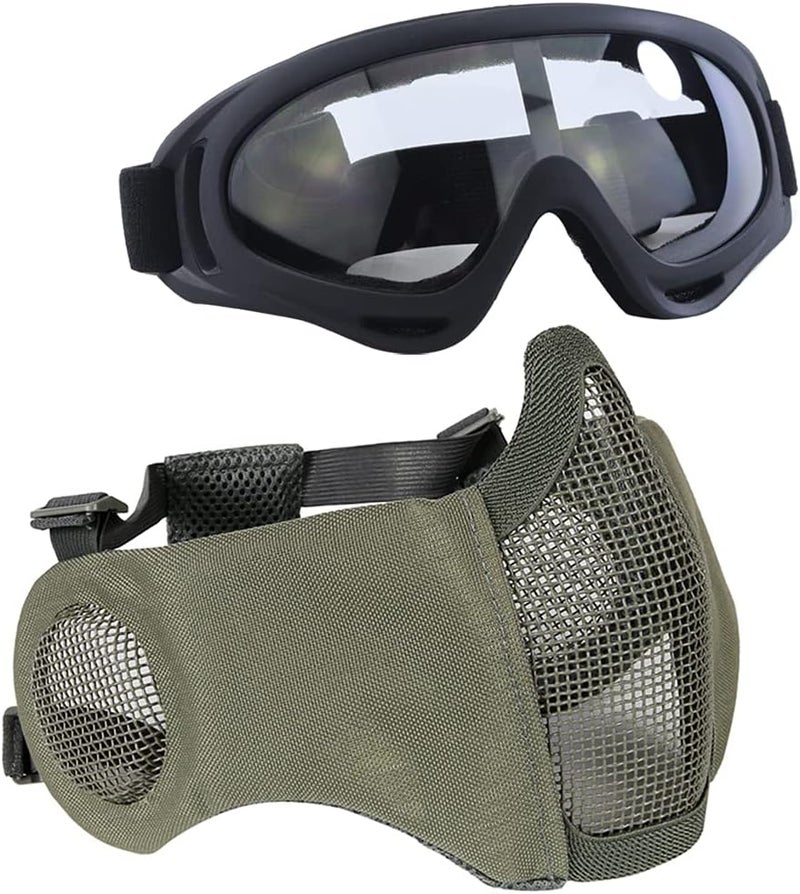 Aoutacc Airsoft Protective Gear Set, Half Face Mesh Mask with Ear Protection and Tactical Goggles for Adult Men Women BBS Paintball Shooting CS Survival Games Cosplay - Image 1