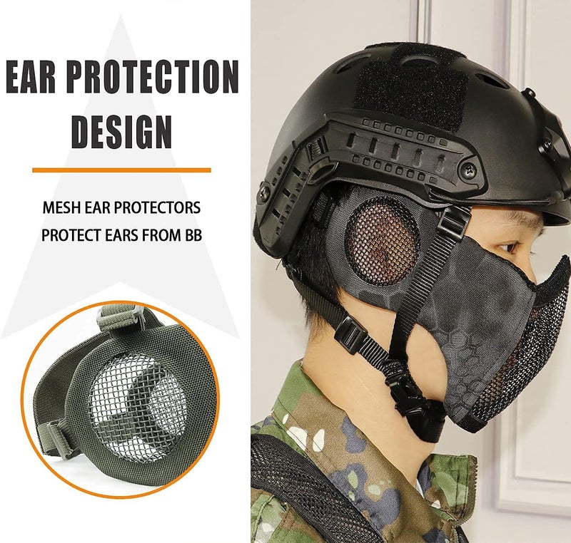 Aoutacc Airsoft Protective Gear Set, Half Face Mesh Mask with Ear Protection and Tactical Goggles for Adult Men Women BBS Paintball Shooting CS Survival Games Cosplay - Image 3