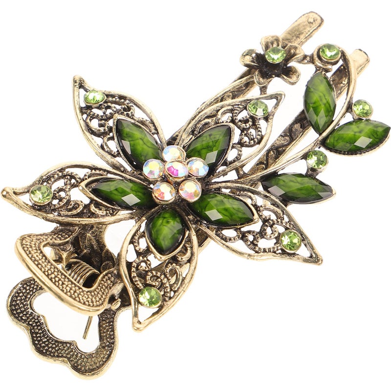 Uonlytech Hair Clip, Green Flower Crystal Hair Clip, Sparkly Glitter Rhinestones Hair Clips French Elegant Hair Barrettes Hair Jewelry for Women Girls - Image 1