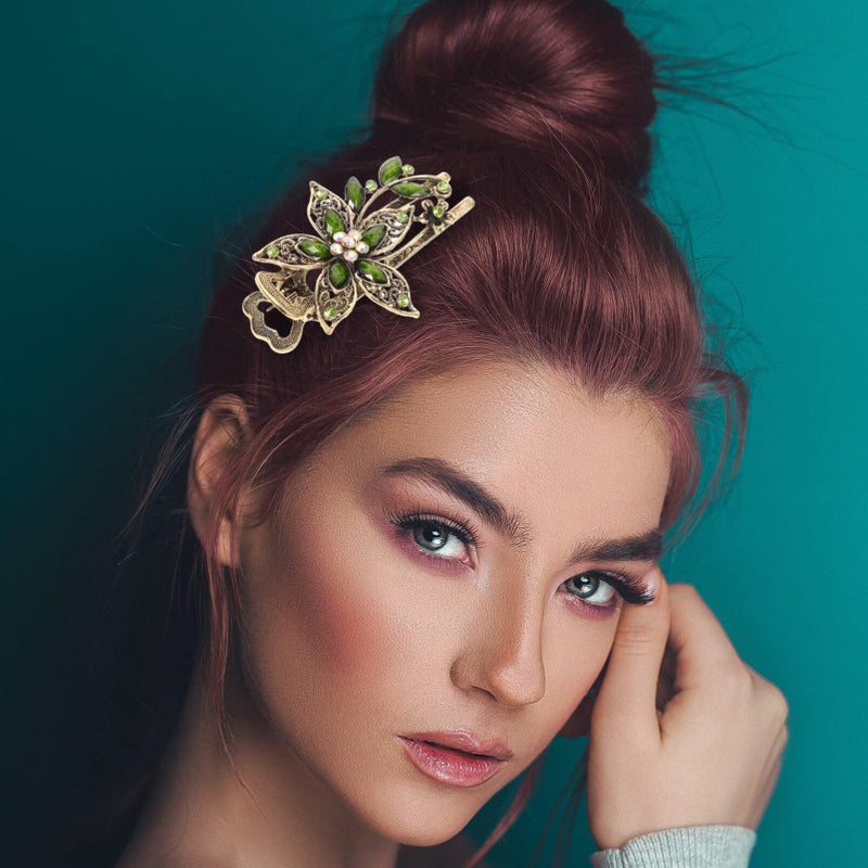 Uonlytech Hair Clip, Green Flower Crystal Hair Clip, Sparkly Glitter Rhinestones Hair Clips French Elegant Hair Barrettes Hair Jewelry for Women Girls - Image 3