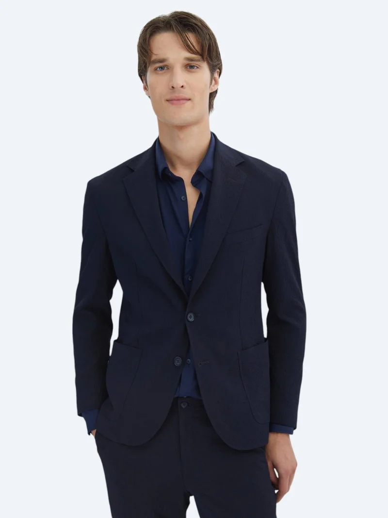 Kip Navy Blue Patterned Modern Fit Suit