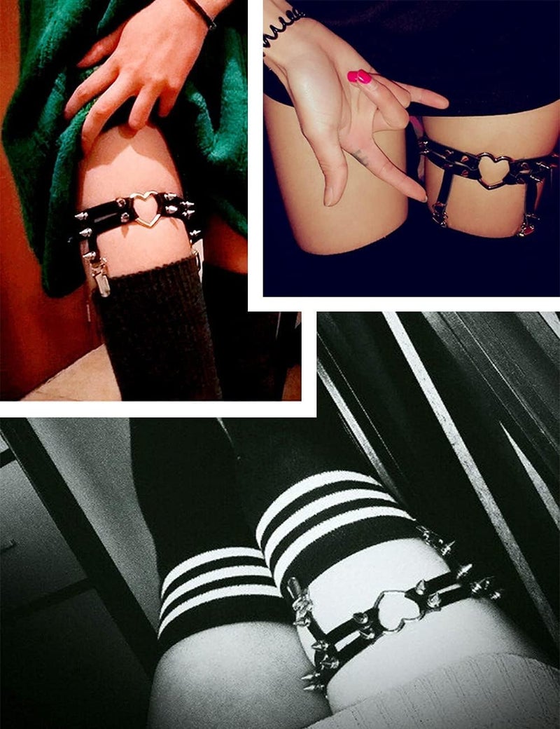 Adove Women Adjustable Leather Thigh Garter, Heart Shaped Leg Garter with Clips punk goth Garters for thigh high socks - Image 5