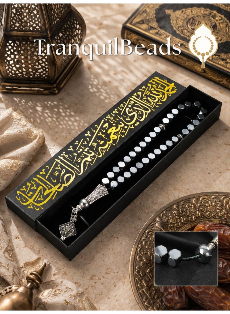 خرز الهدوء 1 pc 33-Bead Black Hematite Worry Beads Bracelet, Faceted Metallic Finish, Stress Relief & Focus Accessory, Elegant Gift Box for Men & Women - Image 1