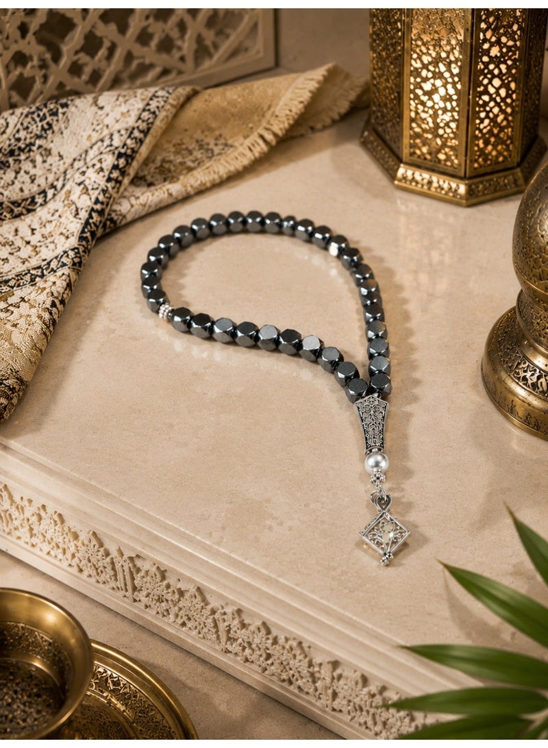 خرز الهدوء 1 pc 33-Bead Black Hematite Worry Beads Bracelet, Faceted Metallic Finish, Stress Relief & Focus Accessory, Elegant Gift Box for Men & Women - Image 4