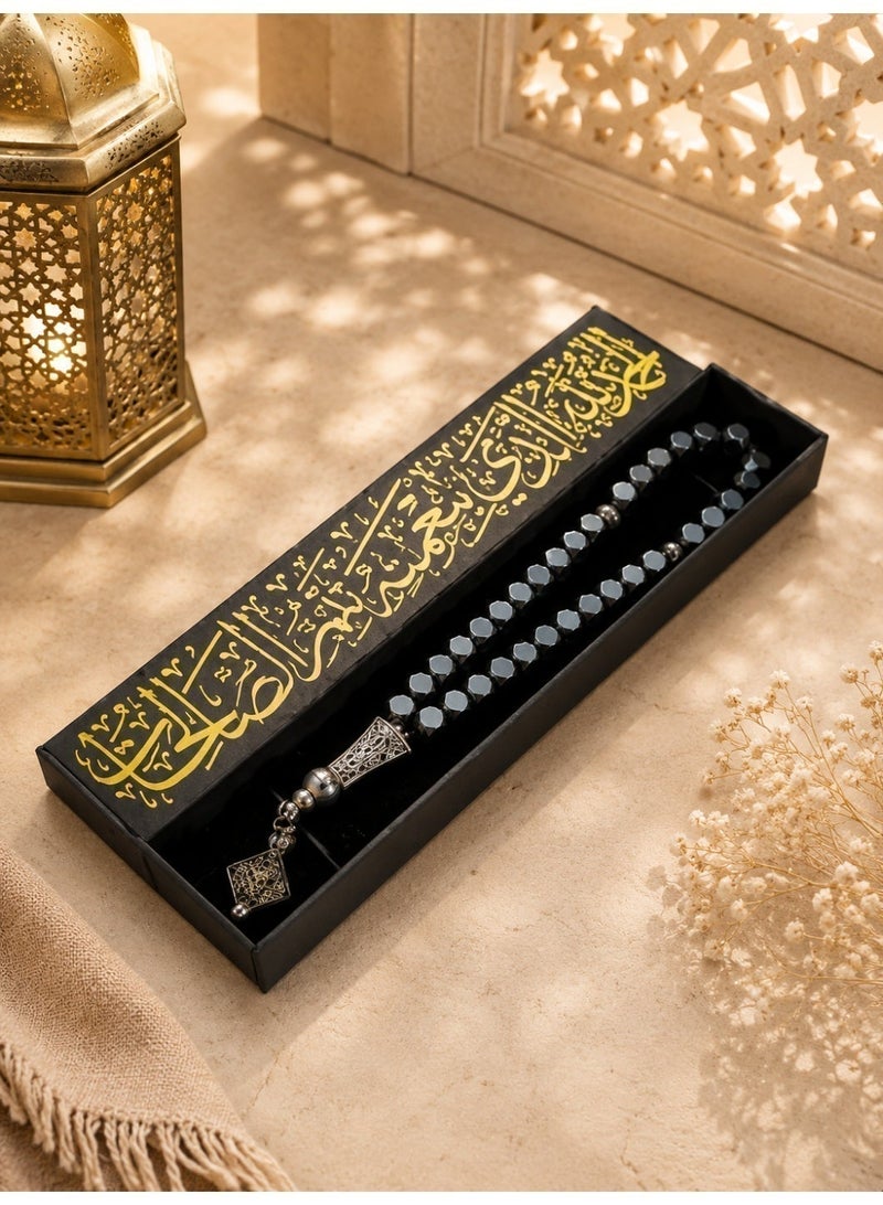 خرز الهدوء 1 pc 33-Bead Black Hematite Worry Beads Bracelet, Faceted Metallic Finish, Stress Relief & Focus Accessory, Elegant Gift Box for Men & Women - Image 5