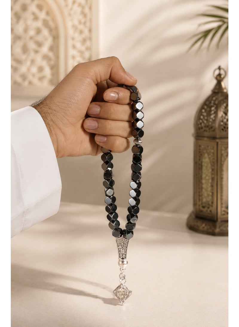خرز الهدوء 1 pc 33-Bead Black Hematite Worry Beads Bracelet, Faceted Metallic Finish, Stress Relief & Focus Accessory, Elegant Gift Box for Men & Women - Image 3