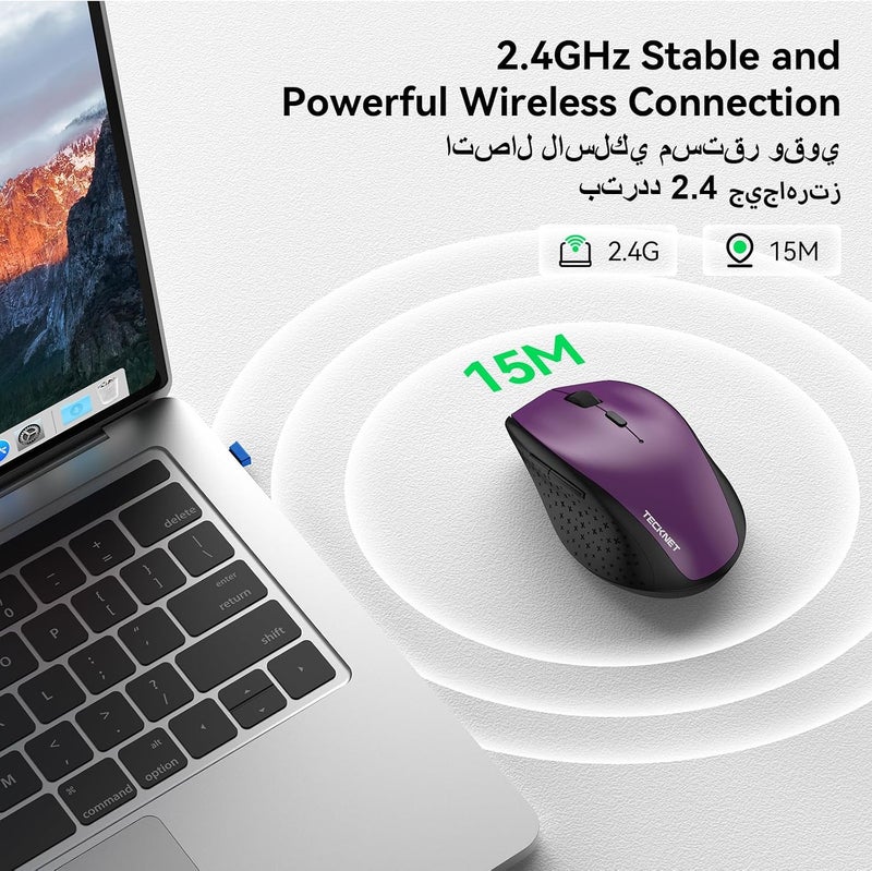 TECKNET Wireless Mouse, 2.4G Computer Mouse with 6-Level Adjustable 4800 DPI, 30 Months Battery, Ergonomic Grips, 6 Buttons Portable for PC, Chromebook, Mac, Purple - Image 4