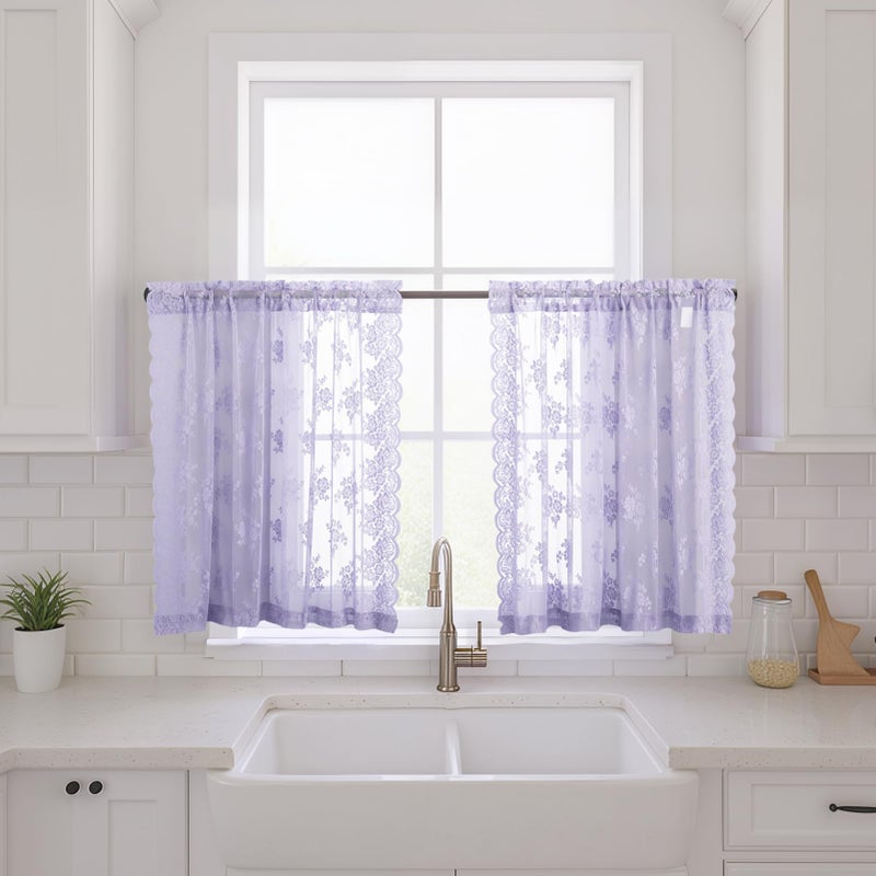 Kotile Light Purple Short Sheer Curtains 36 Inch Length, 2 Panels, W42 x L36 Inch Each, Country Rusitc Floral Vintage Small Lace Curtains for Kitchen Window Over Sink, Rod Pocket Privacy Lacy Tier Curtain - Image 3